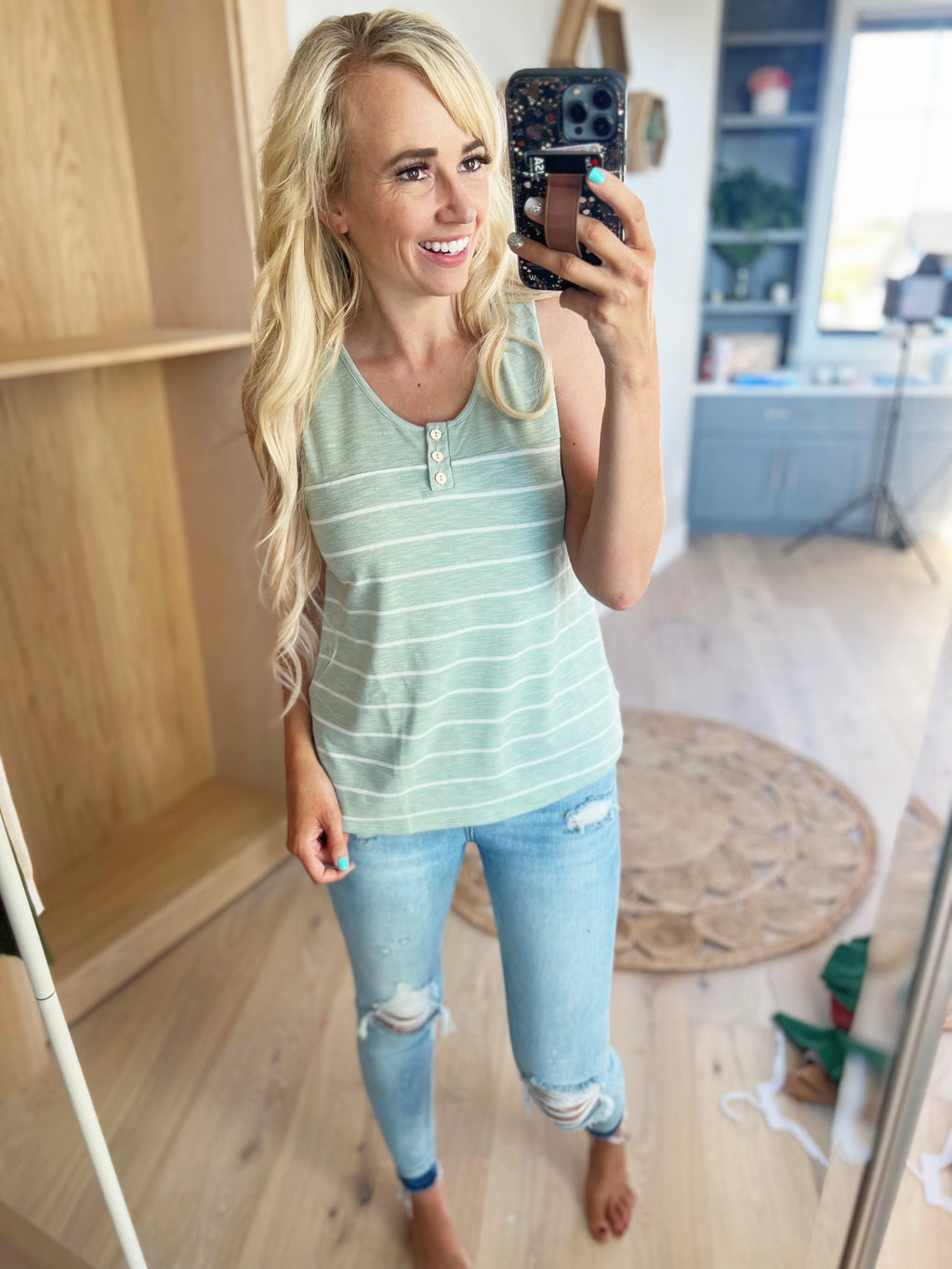 Made You Look Henley Style Striped Tank in Sage and White