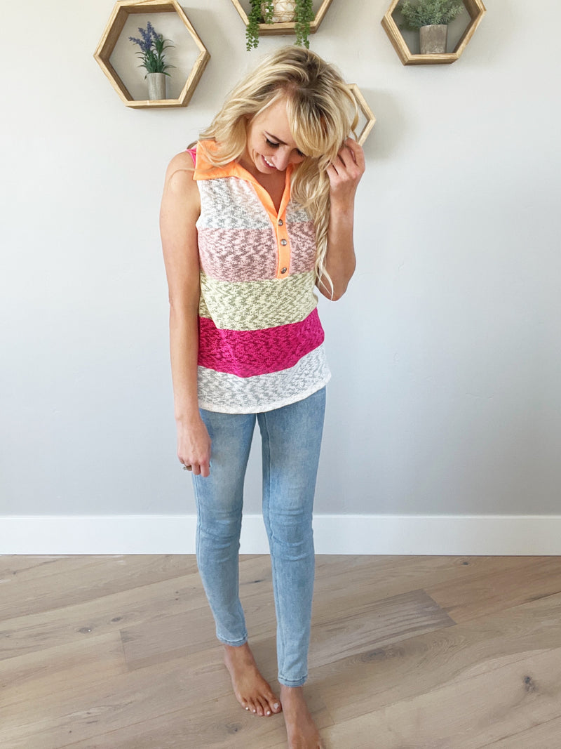 Refresh Wide Stripe Collared Tank in Fuchsia and Yellow