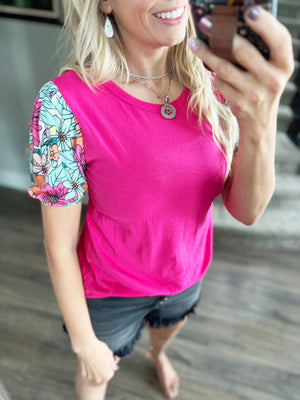 Moments Floral Puff Sleeve Top in Fuchsia