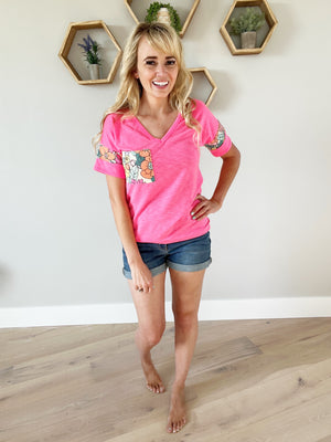 In the Game Floral Contrast Top in Neon Pink