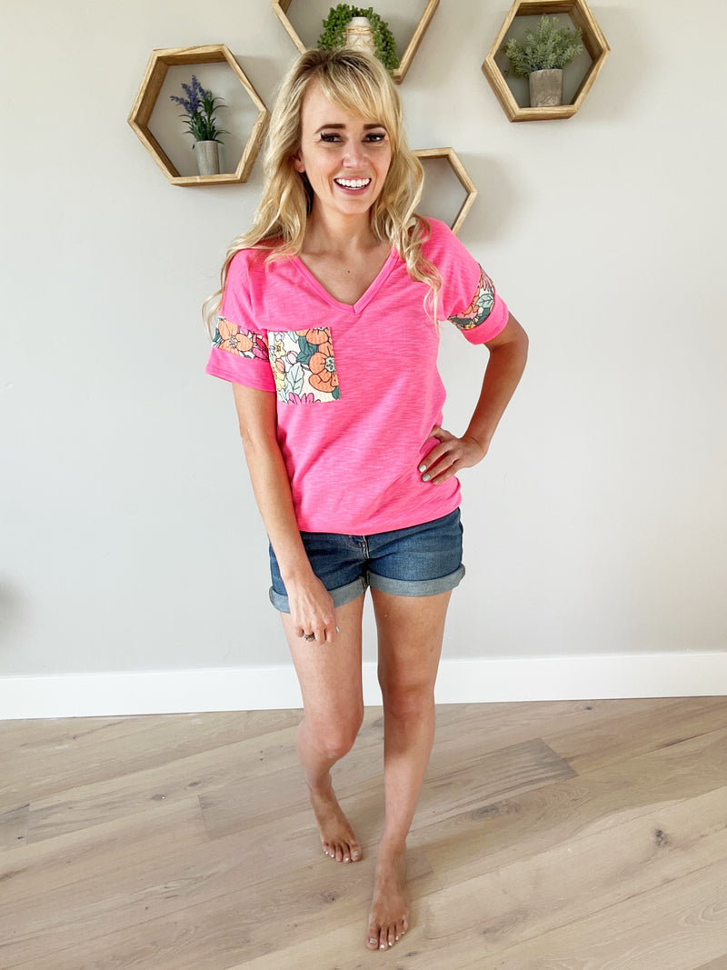 In the Game Floral Contrast Top in Neon Pink