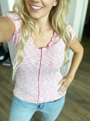 See You Tonight V-Neck Cap Sleeve in Pink