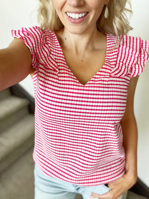 Nobody But You Striped Top Blouse in Fuchsia and Ivory