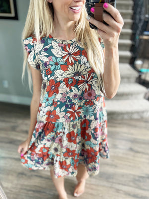 Back to Life Floral Print Tiered Dress in Teal and Poppy