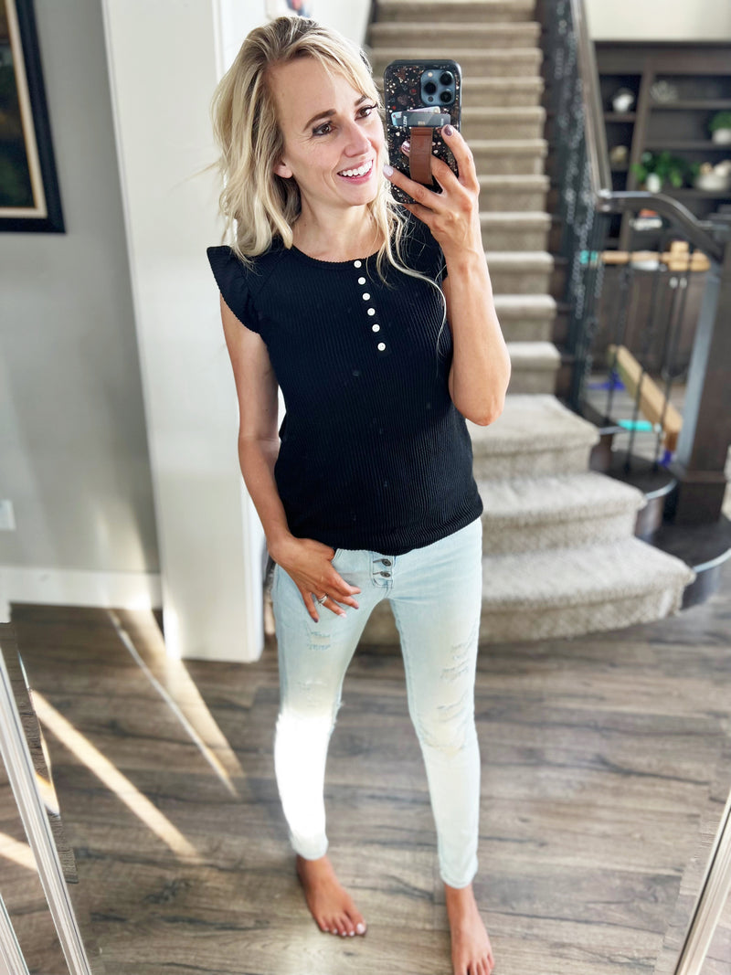My Way Solid Ribbed Button Top in Black