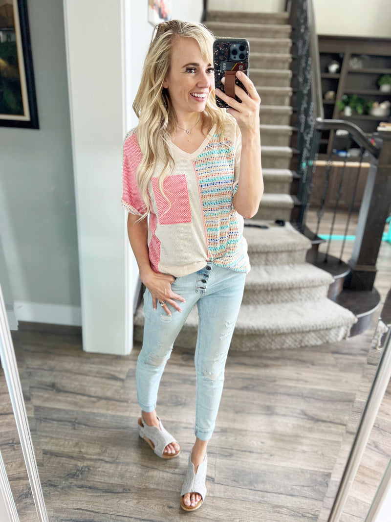 Make Your Move V-Neck Color Block Short Sleeve in Oatmeal, Coral, and Teal