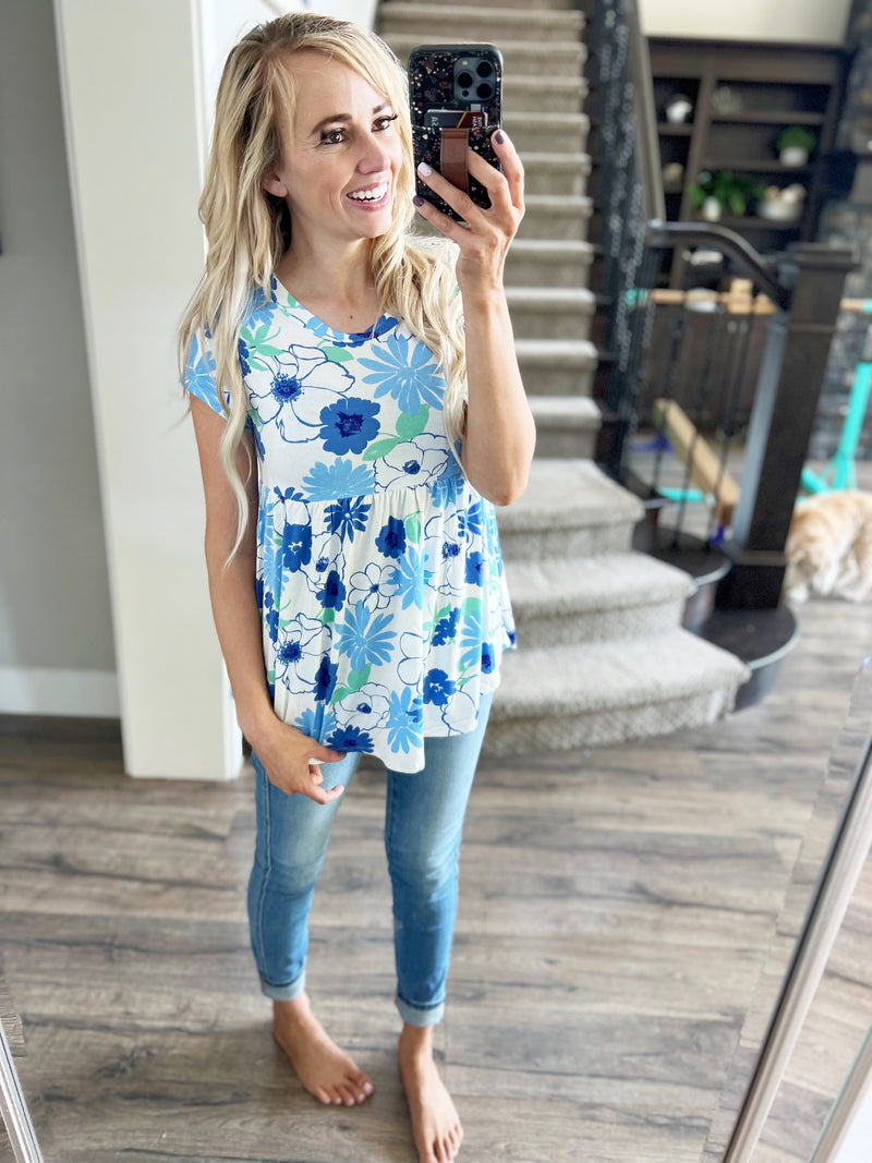 There She Goes Short Sleeve Floral Top in Blue