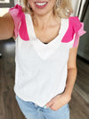 Big Story Ruffle V-Neck Blouse in Fuchsia and Pink