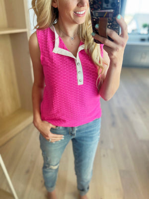 Busy Bee Honeycomb Button Detail Henley Style Tank in Neon Fuchsia