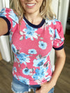 Fab Floral Puffed Sleeve Top in Coral and Navy
