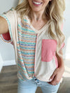 Make Your Move V-Neck Color Block Short Sleeve in Oatmeal, Coral, and Teal