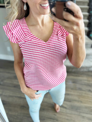 Nobody But You Striped Top Blouse in Fuchsia and Ivory