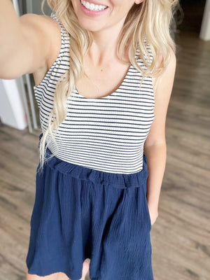 Mixed Media Dress in Navy Stripe