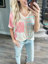 Make Your Move V-Neck Color Block Short Sleeve in Oatmeal, Coral, and Teal
