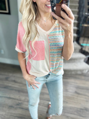 Make Your Move V-Neck Color Block Short Sleeve in Oatmeal, Coral, and Teal