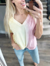 Candy Tie Dye V-Neck Short Sleeve Top in Blush and Banana