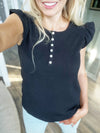 My Way Solid Ribbed Button Top in Black