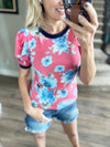 Fab Floral Puffed Sleeve Top in Coral and Navy