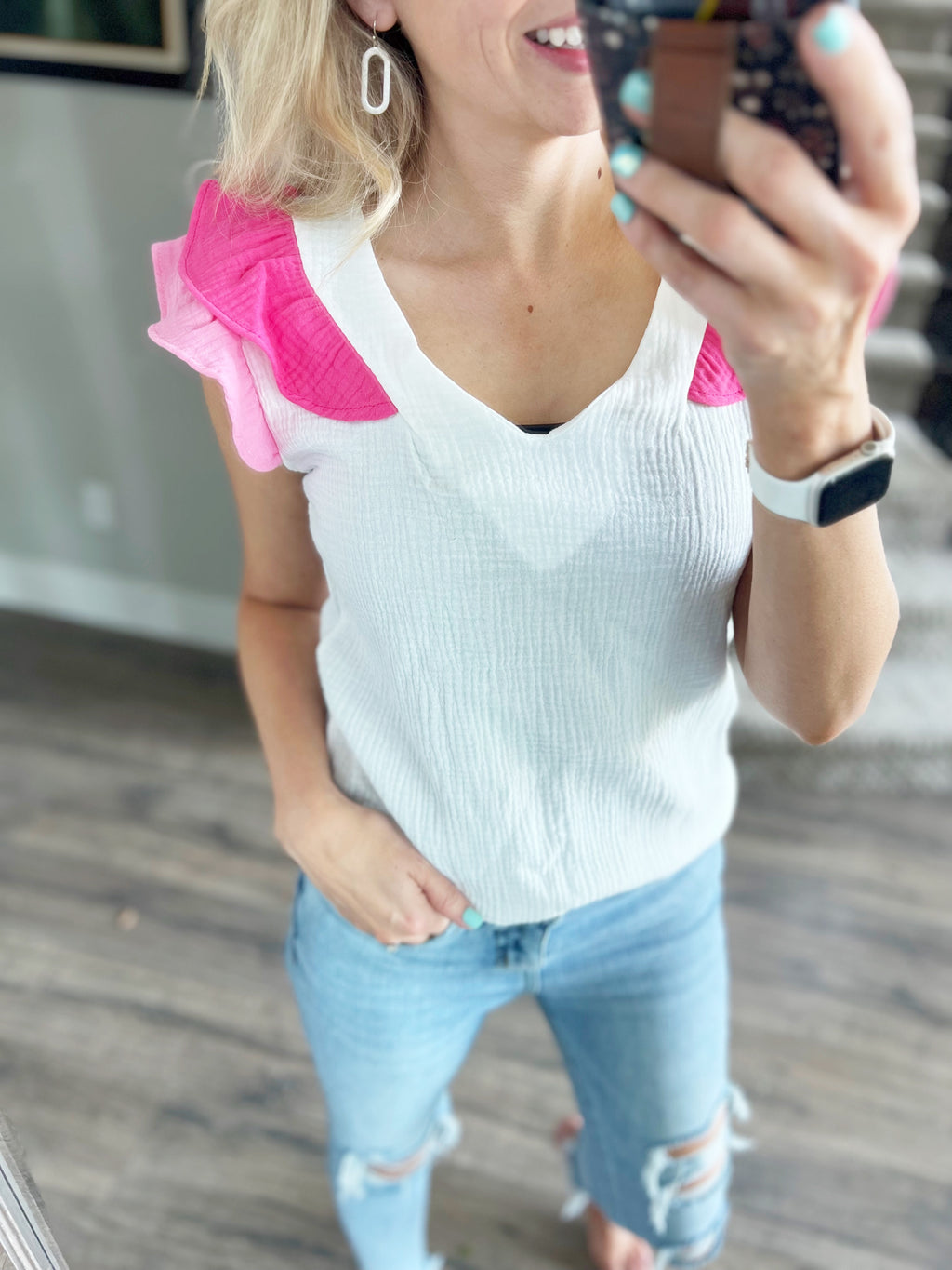 Big Story Ruffle V-Neck Blouse in Fuchsia and Pink