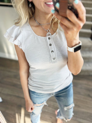 What Matters Most Henley Ruffle Sleeve Top in Light Gray