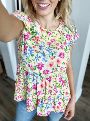 Glamping Floral Ruffle Cap Sleeve Blouse in Yellow