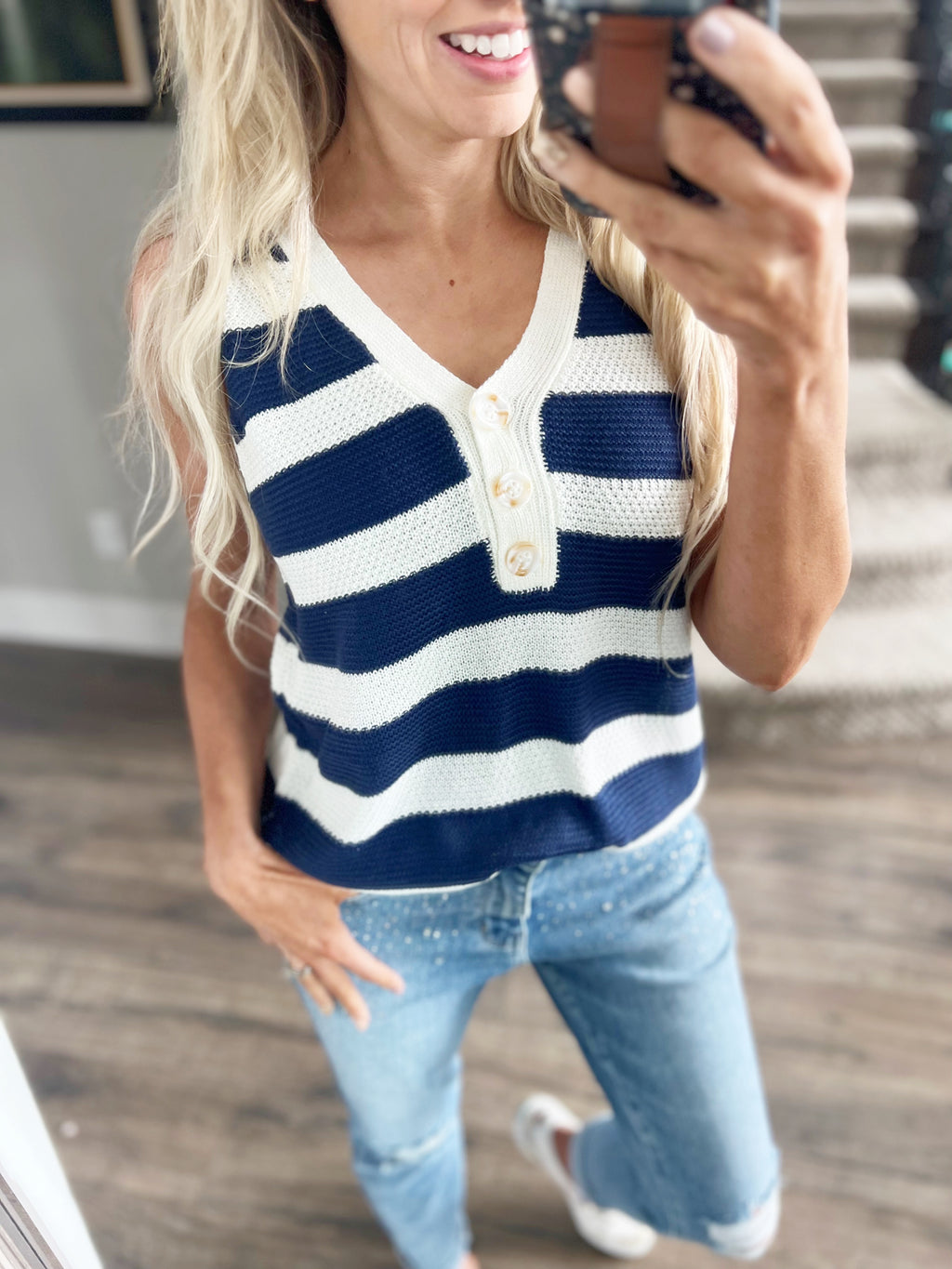 Not Time Striped Henley Sweater Tank in Navy and Ivory