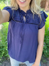 Back in Time Lace Solid Neck Tie Top in Navy