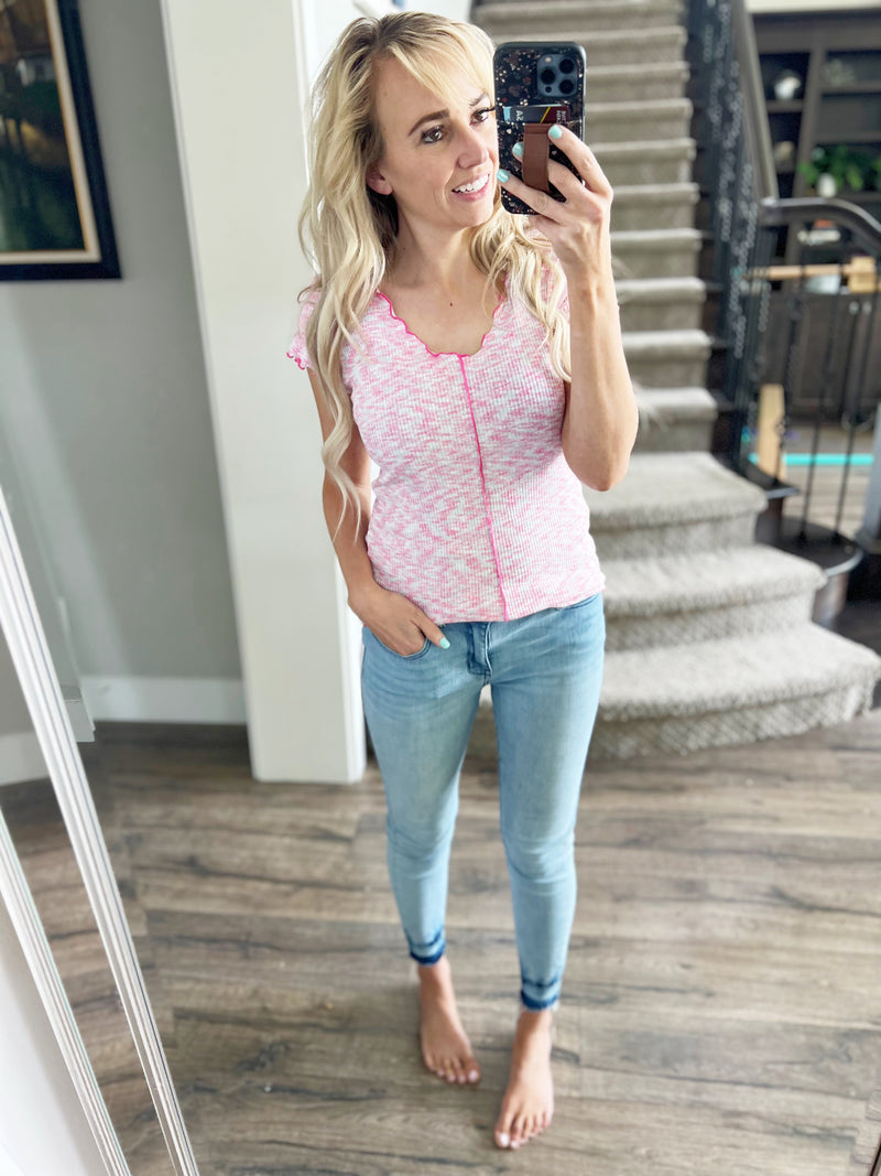 See You Tonight V-Neck Cap Sleeve in Pink