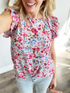 Perfect Opportunity Floral Ruffle Sleeve Top in Stone, Fuchsia, and Royal Blue