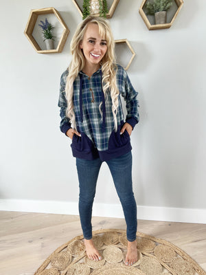Hope Plaid Mixed Half Placket Hoodie Pullover in Navy