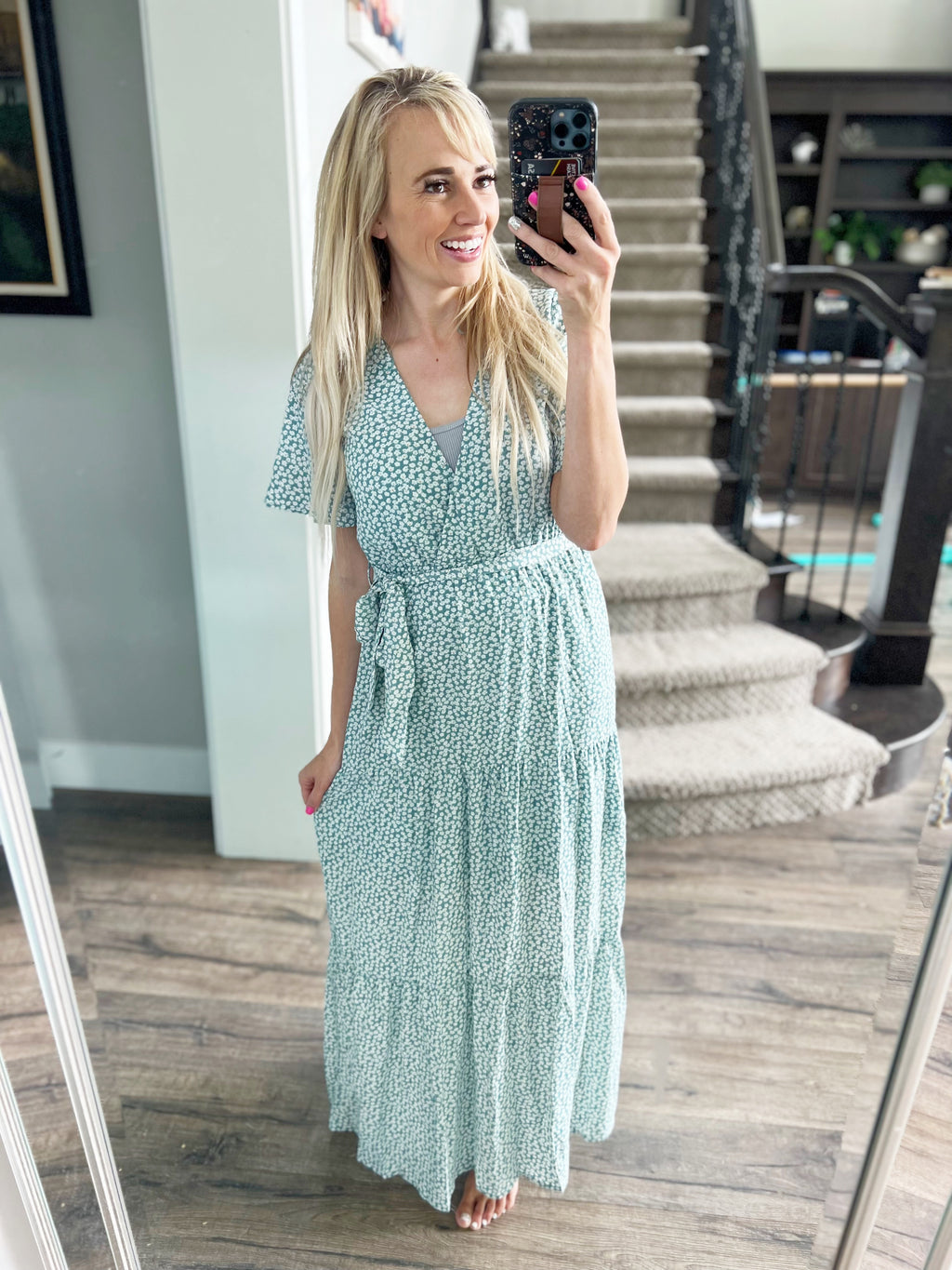 Never Say Never Long Floral Wrap Dress in Sage