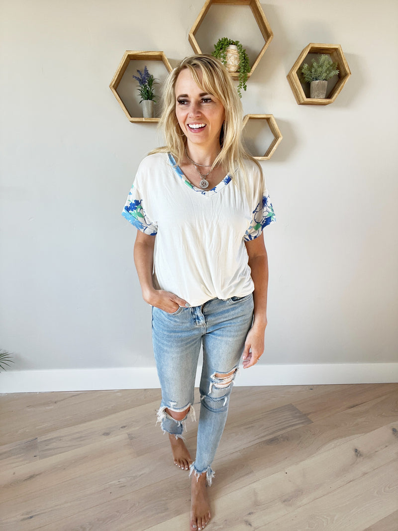 Never Be Average Blue Floral V-Neck Boxy Short Sleeve