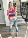 What Happens Next Solid and Striped Top with Button Detail in Fuchsia