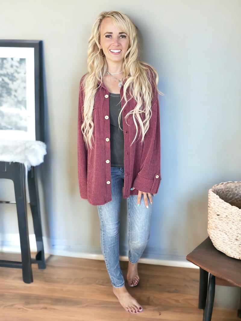Finding Peace Button Down Long Sleeve in Dark Wine