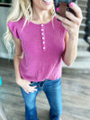 My Way Solid Ribbed Button Top in Fuchsia