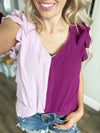 Matchmaker Color Block Ruffle Sleeve Top in Lilac and Plum