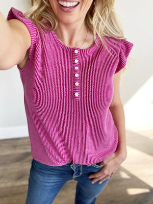 My Way Solid Ribbed Button Top in Fuchsia
