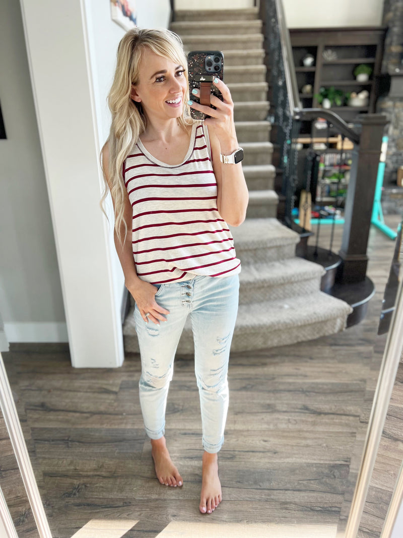 Ahead of the Game Striped Tank Top in Oatmeal and Wine