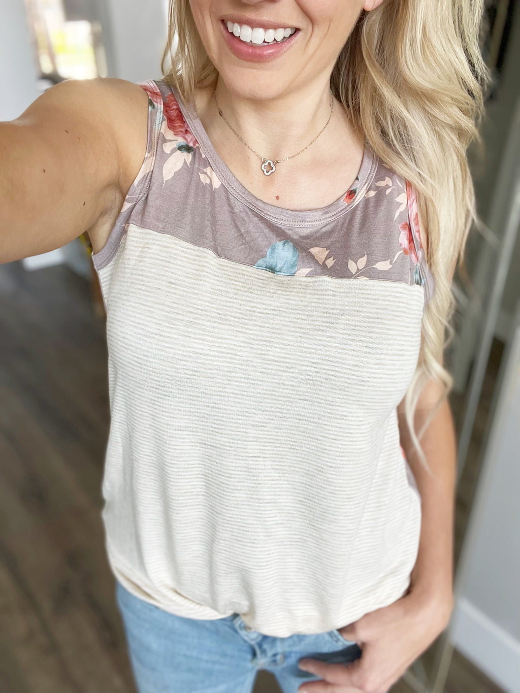Call Me Crazy Floral Striped Tank in Taupe