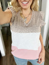 To The End Color Block Ruffle Sleeve and Animal Print Top In Dusty Pink and Ivory
