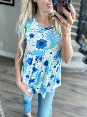 There She Goes Short Sleeve Floral Top in Blue