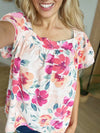 Powerful Floral Ruffle Sleeved Square Neck Top in Peach and Coral