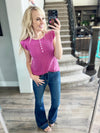 My Way Solid Ribbed Button Top in Fuchsia