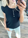 My Way Solid Ribbed Button Top in Black