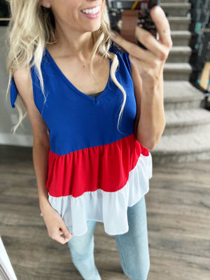 Finding Freedom Ruffle Top in Red White and Blue (SALE)