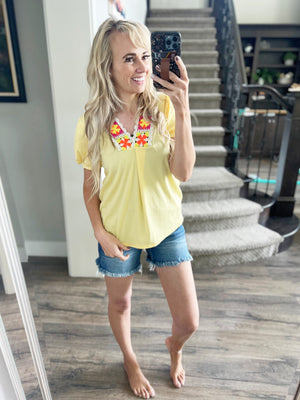 My Whole World Floral Trimmed Short Sleeve in Yellow