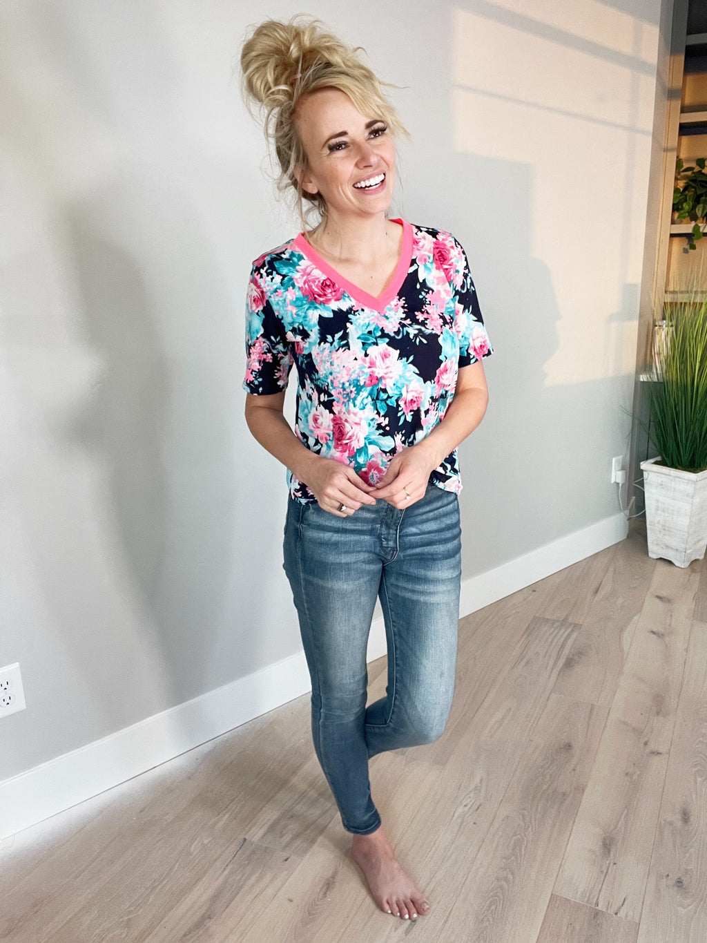 Dare To Dream Floral Top in Navy and Neon Pink