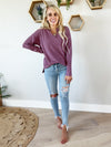 Let's Get Together V-Split Neck Pullover Sweater in Dark Lavender