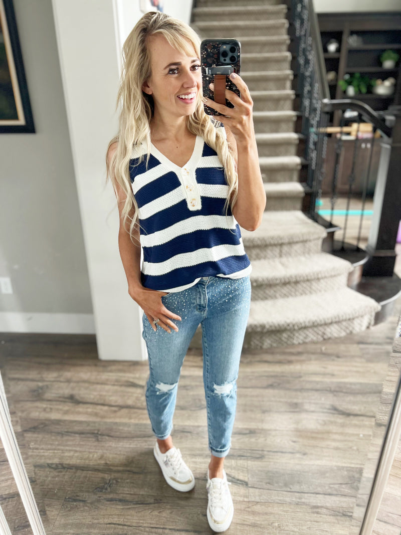 Not Time Striped Henley Sweater Tank in Navy and Ivory