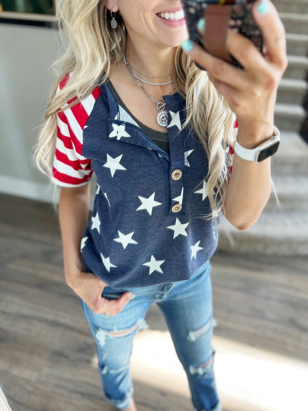 4th of July Parade Flag Themed Top with Button Front